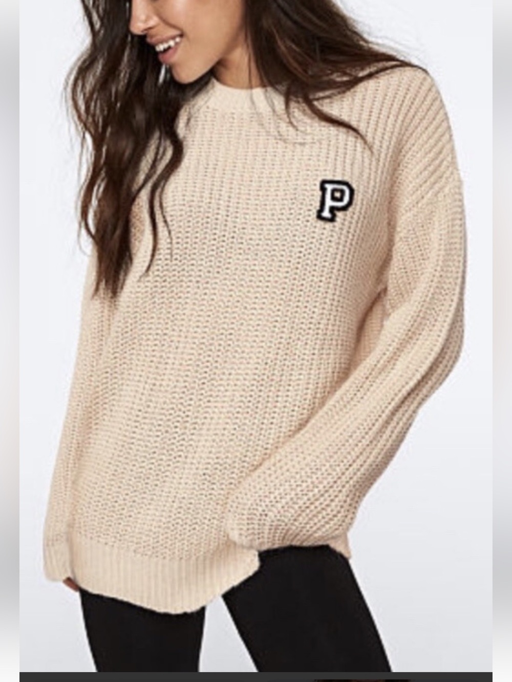 PINK Victoria's Secret Cream Chunky Crew Sweater with Black 'P' Patch Size M NEW